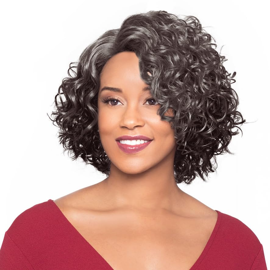 Foxy Silver Martina Wig Color 4-11" Long Curly Side Part Fusion Heat Resistant Synthetic J Part African American Average Cap Bundle Maxwigs Hairloss