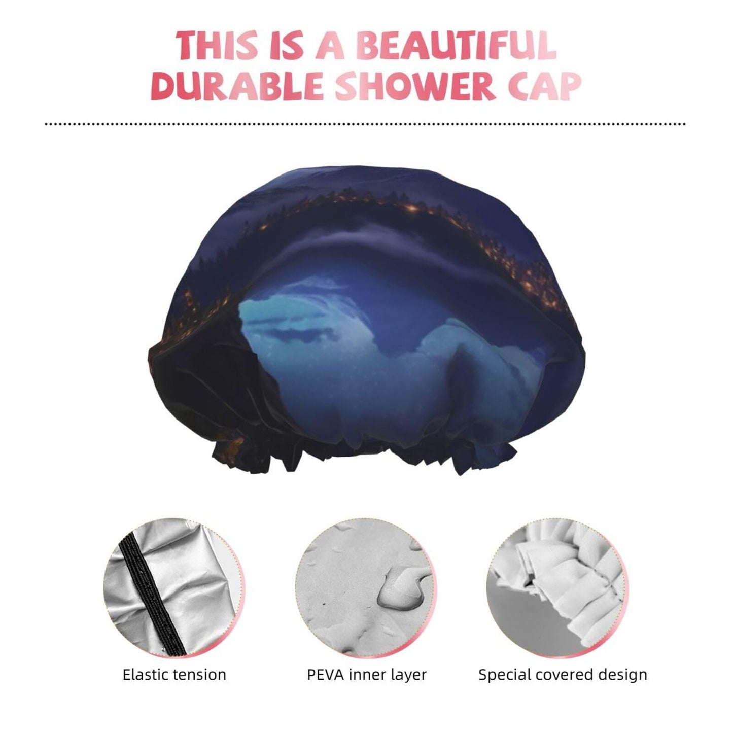 Fantasy Night Scene Shower Cap for Women Men Large Reusable Shower Bonnet Double-Layer Waterproof Bath Caps Elastic Band Hair Hat for All Hairstyles Beauty and Personal Care BWLHJKE