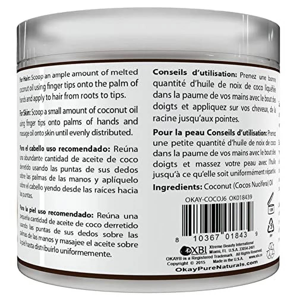 OKAY 100% Pure Coconut Oil for Hair & Skin - Coconut Oil for Women & Men, Perfect for Hair & body, Natural Massage Oil & Moisturizer - 6 fl oz Jar Beauty & Personal Care OKAY