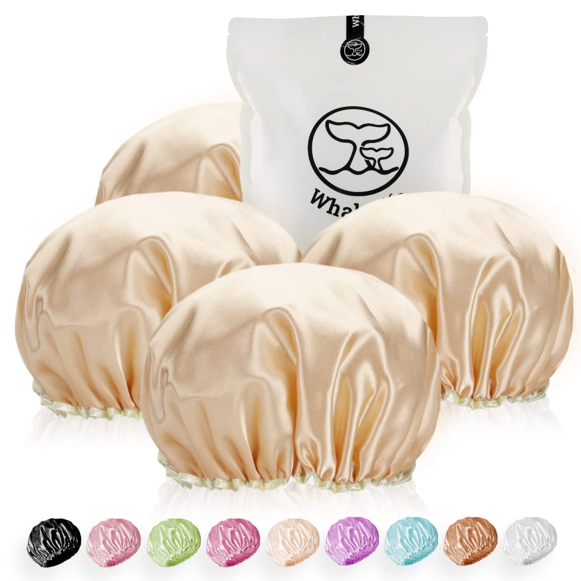 Shower Cap for Women Reusable Extra Large Shower Cap for Men (Golden 4 Pack Large) Satin Double Layer EVA Waterproof Long Hair Cap Beauty & Personal Care WhaleLife
