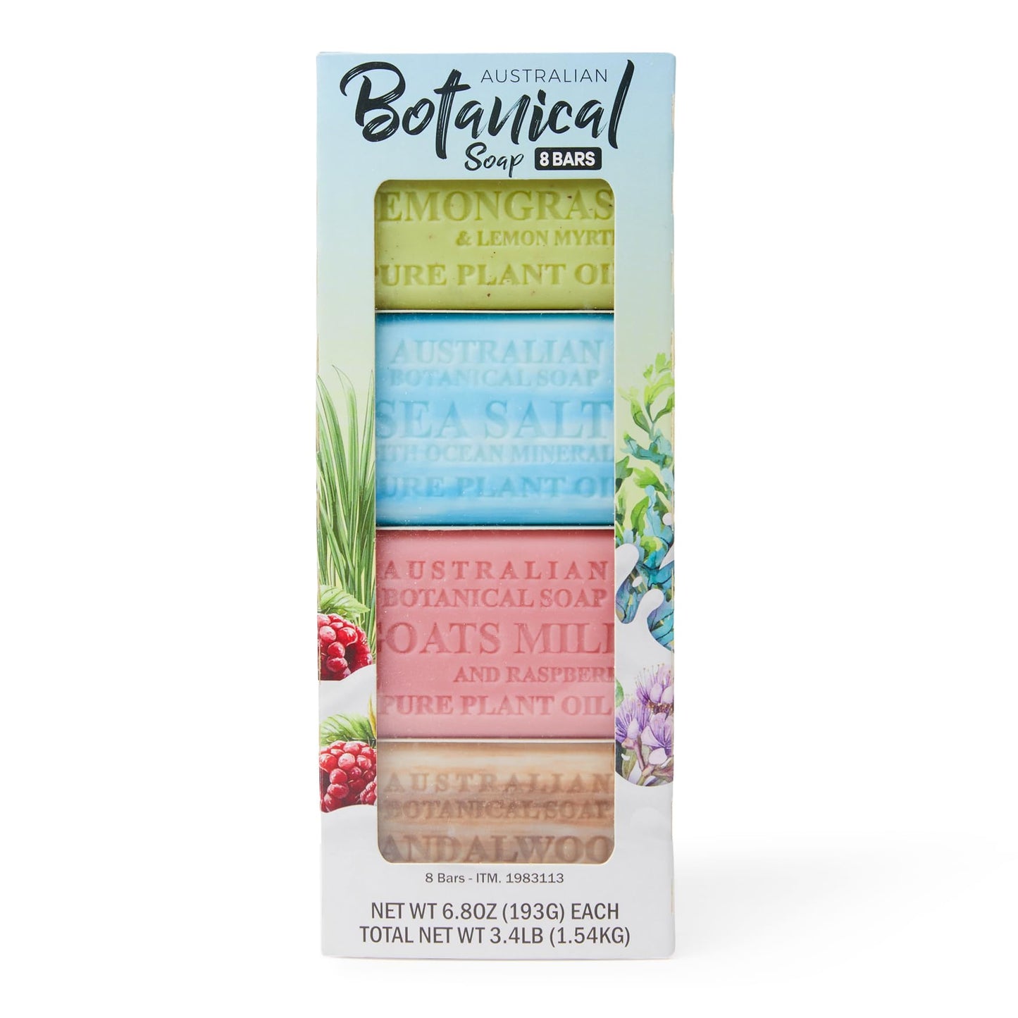 Australian Botanical Soap, 8-Pack Bar Soap Set, 6.6 oz Each, 2 of each, Sandalwood, Sea Salt, Goats Milk Raspberry, Lemongrass & Lemon Myrtle Beauty & Personal Care Australian Botanical Soap