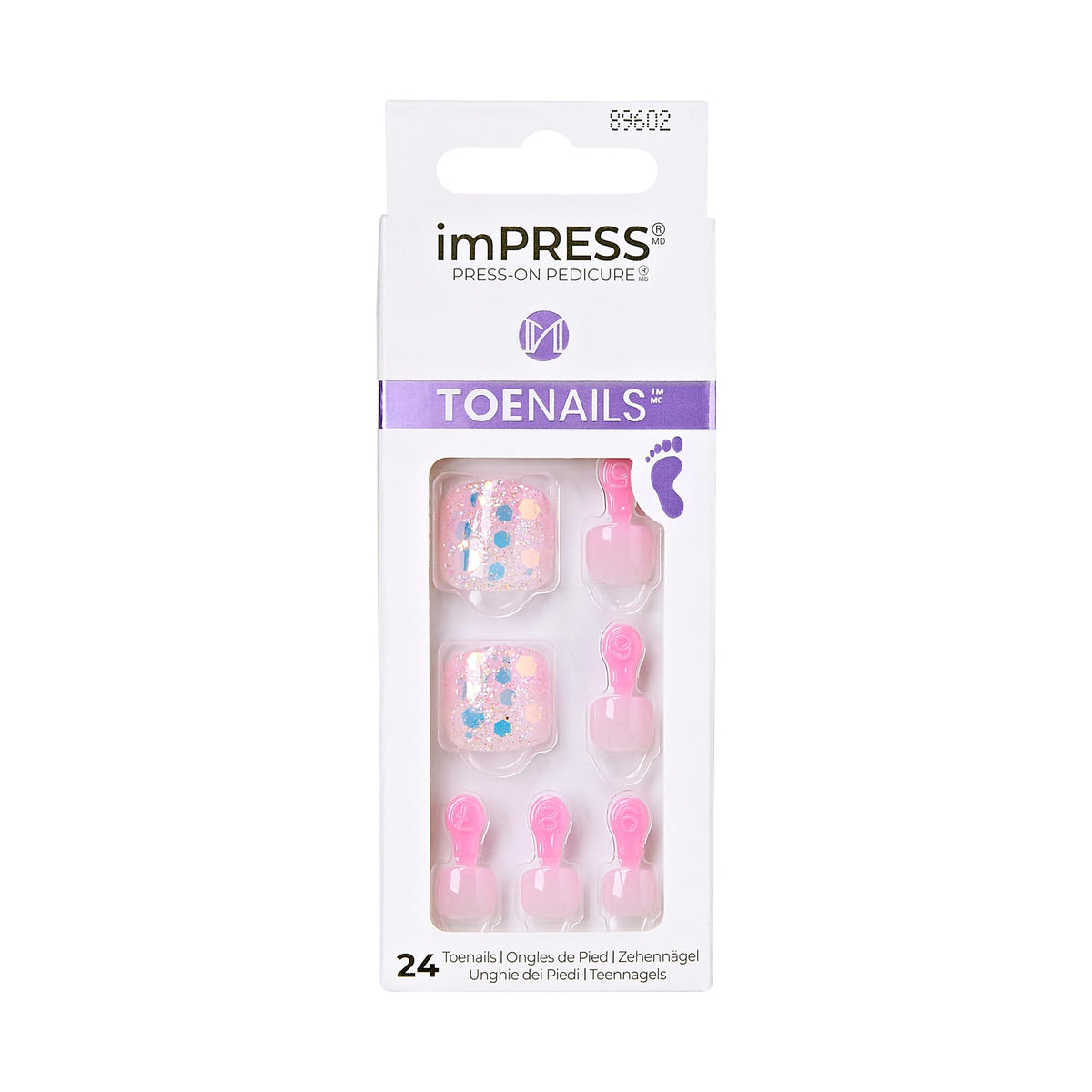 KISS Impress No Glue Pedi Press-On Toenails, Light Pink, Glitter, Squoval Shape, Includes 24 Nails, Prep Pad, 1 Manicure Stick, 1 Mini File