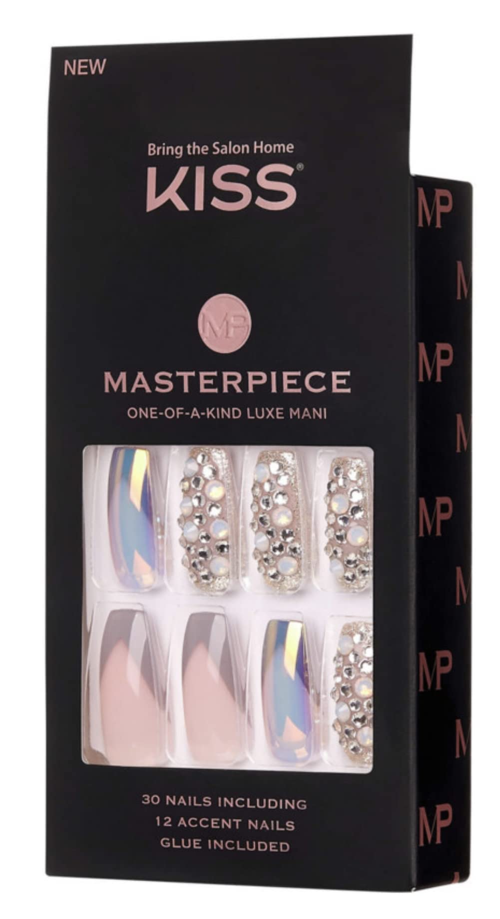 KISS Masterpiece One-Of-A-Kind Luxe Mani Premium Special Effects Design Coffin Shape Glossy Iridescent Glue-On Long Length Nails with Faux Jewels MP01 Beauty & Personal Care KISS