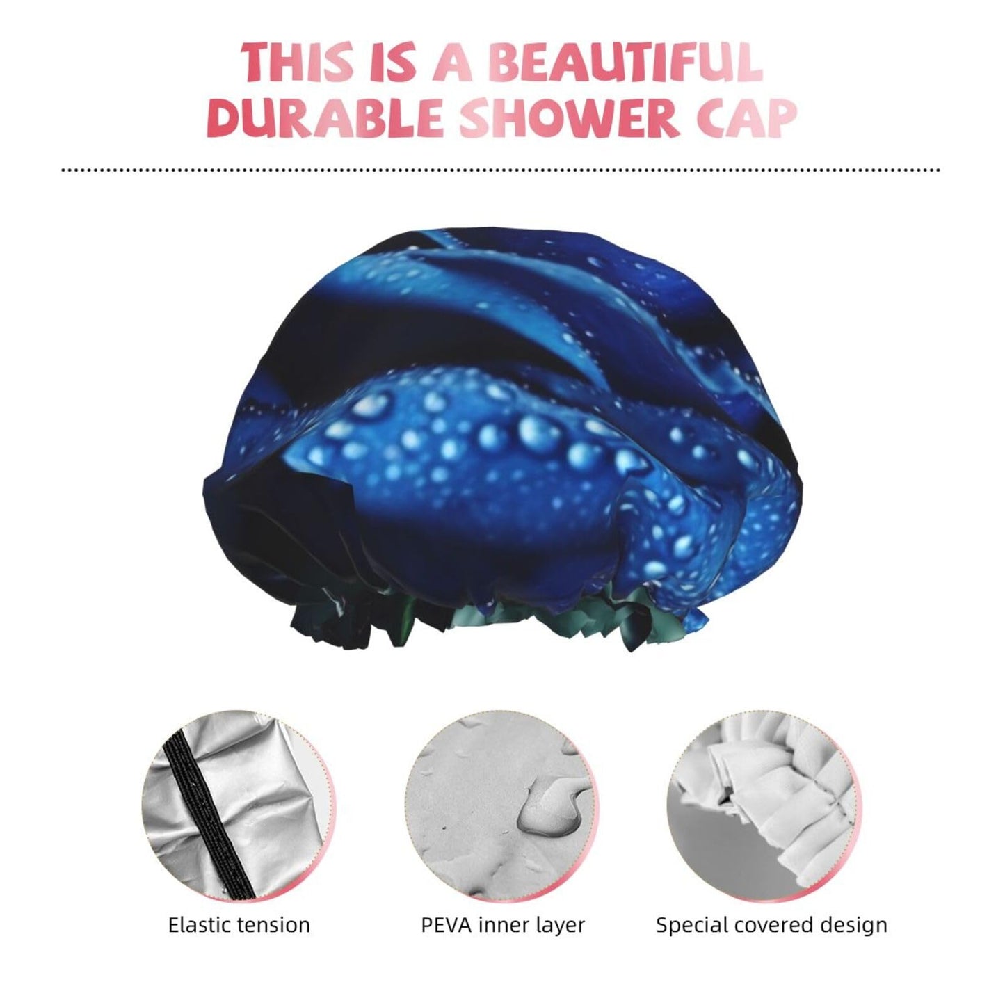 Blue rose Shower Cap for Women Men Large Reusable Shower Bonnet Double-Layer Waterproof Bath Caps Elastic Band Hair Hat for All Hairstyles Beauty and Personal Care BWLHJKE