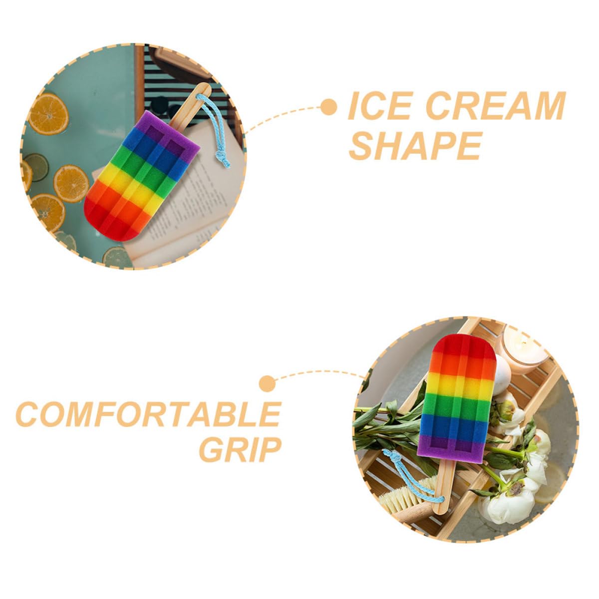 SAFIGLE 2pcs Rainbow Color Ice Cream Shaped Bath Sponges Soft Loofah Body Scrubbers Exfoliating Shower Sponges for Women and Bathing Beauty and Personal Care SAFIGLE