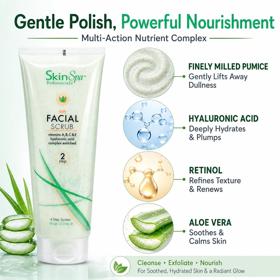 SKIN SPA Exfoliating Face Scrub - Pumice, Hyaluronic Acid, Retinol & Aloe Vera | 3-in-1 Cleanser, Exfoliant & Treatment for All Skin Types | Beauty & Personal Care SkinSpa