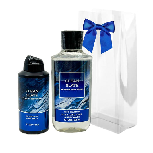Bath & Body Works CLEAN SLATE 2pc bundle gift set for Men with a Blue Bow for Holidays & Gifts - Body Wash & Body Spray Beauty and Personal Care Bath & Body Works