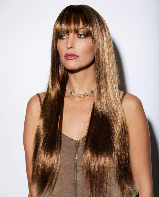 Jewell Blush Wig Color Toasted Almond - Sepia Wigs 30" Long Straight Layered Synthetic Fiber Full Bangs Fantasy Sexy Costume Light Brown
