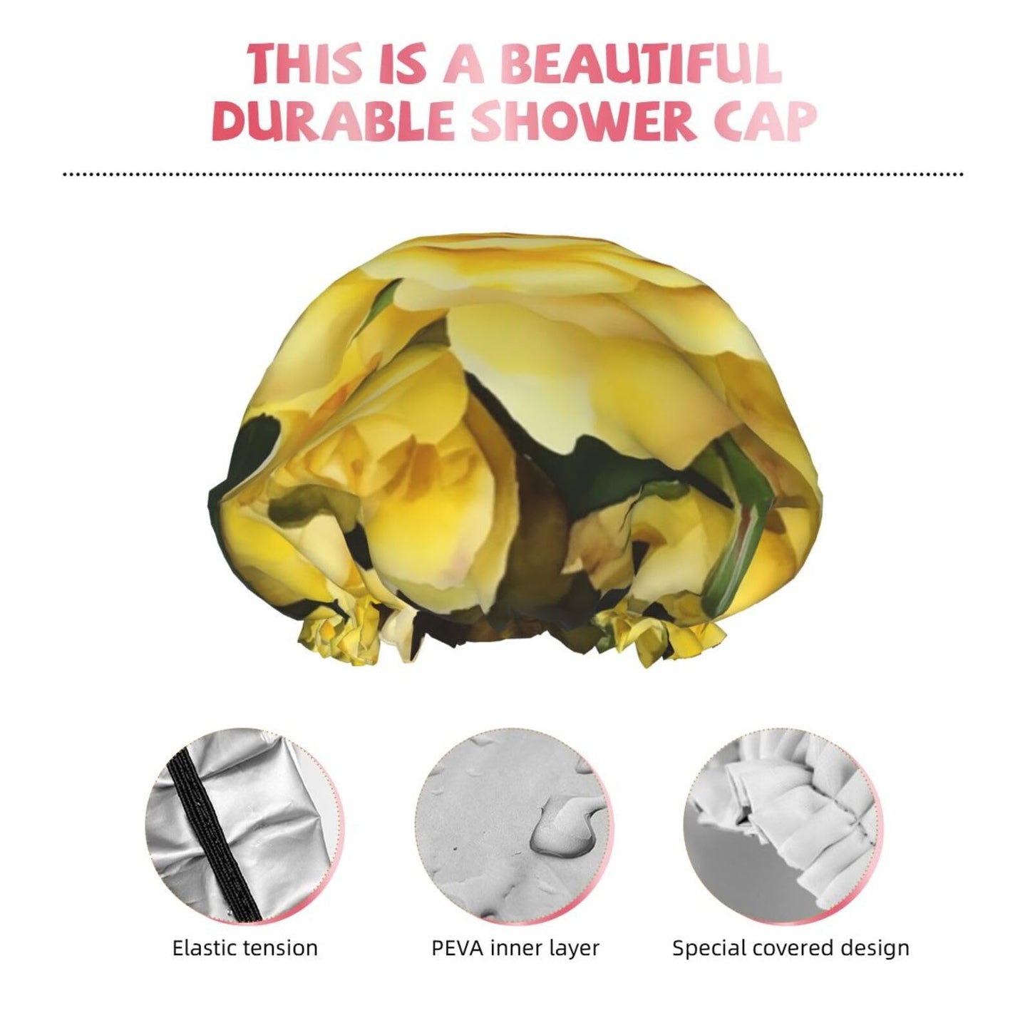 Yellow Rose Shower Cap for Women Men Large Reusable Shower Bonnet Double-Layer Waterproof Bath Caps Elastic Band Hair Hat for All Hairstyles Beauty and Personal Care BWLHJKE