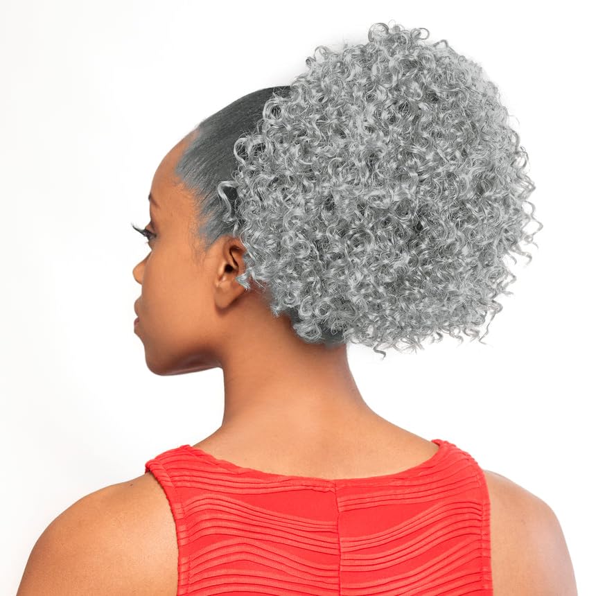 DS005 Curly Ponytail Color 51 Light Gray - Foxy Silver Wigs 8-10" Length Drawstring Tight Curls Hairpiece Extension Synthetic Black Grey Full Bun