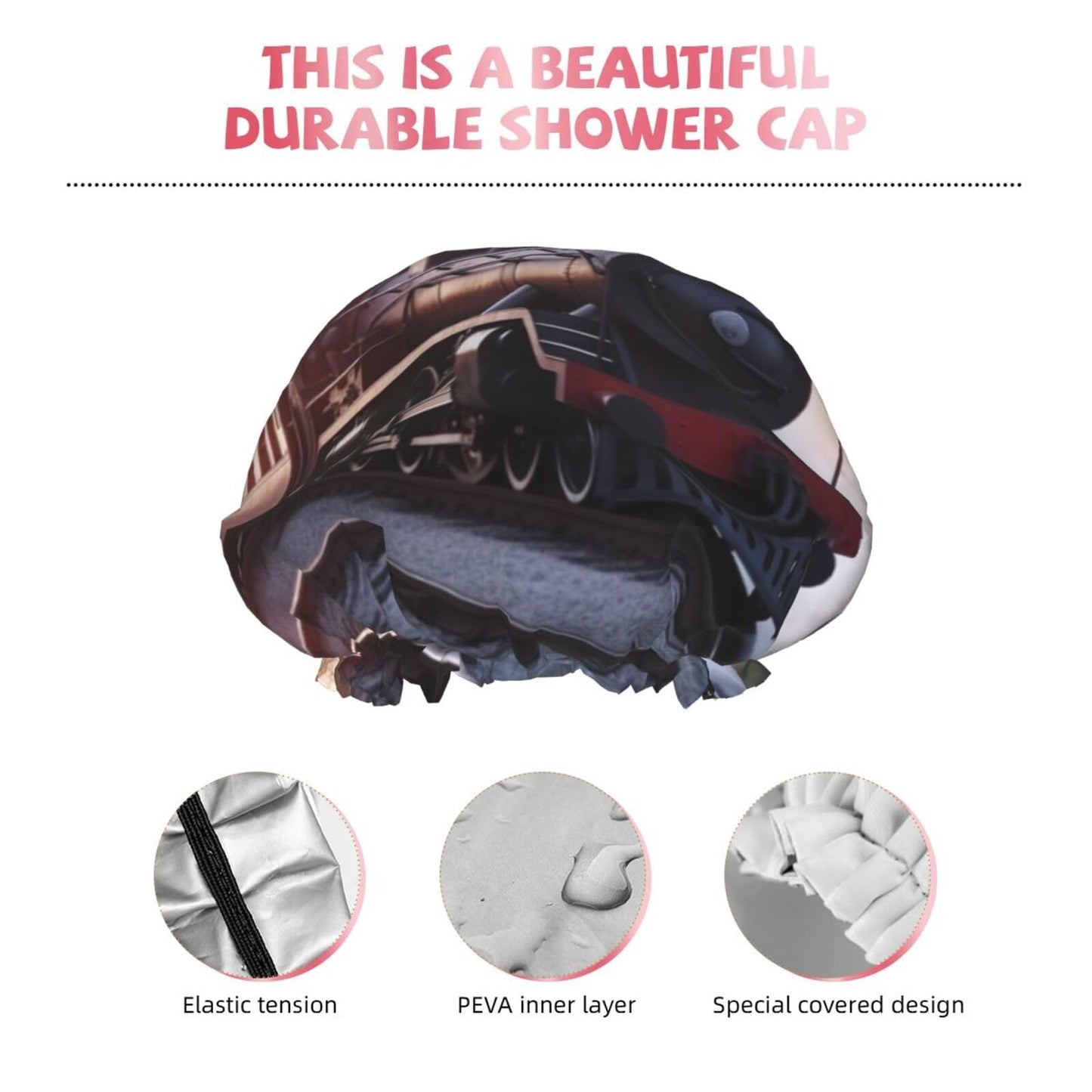 Steam Train Depart Sunset Shower Cap for Women Men Large Reusable Shower Bonnet Double-Layer Waterproof Bath Caps Elastic Band Hair Hat for All Beauty and Personal Care BWLHJKE