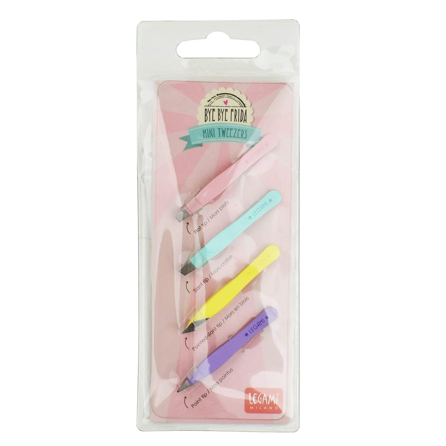 Legami - Bye Bye Frida Set of 4 Mini Tweezers, 5 x 0.5 cm, Stainless Steel, Reach Hidden Hairs with The Most Suitable Tip, Flat Tip, Angled Tip Beauty and Personal Care Legami
