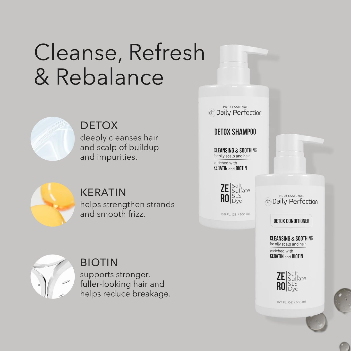 Daily Perfection Detox Shampoo and Conditioner Set - Cleansing, Soothing Clarifying Hair Care Duo with Biotin and Keratin for Oily Scalp - Salt Beauty & Personal Care Daily Perfection
