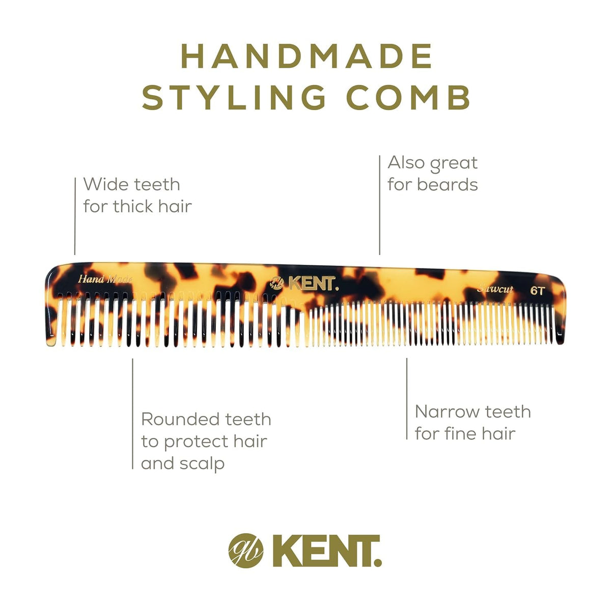 Kent 6T TY Fine Tooth and Wide Tooth Hair Comb, Handmade Styling Comb for Hair Care, Barber Combs, Beard Combs For Men, Styling Grooming for Men,