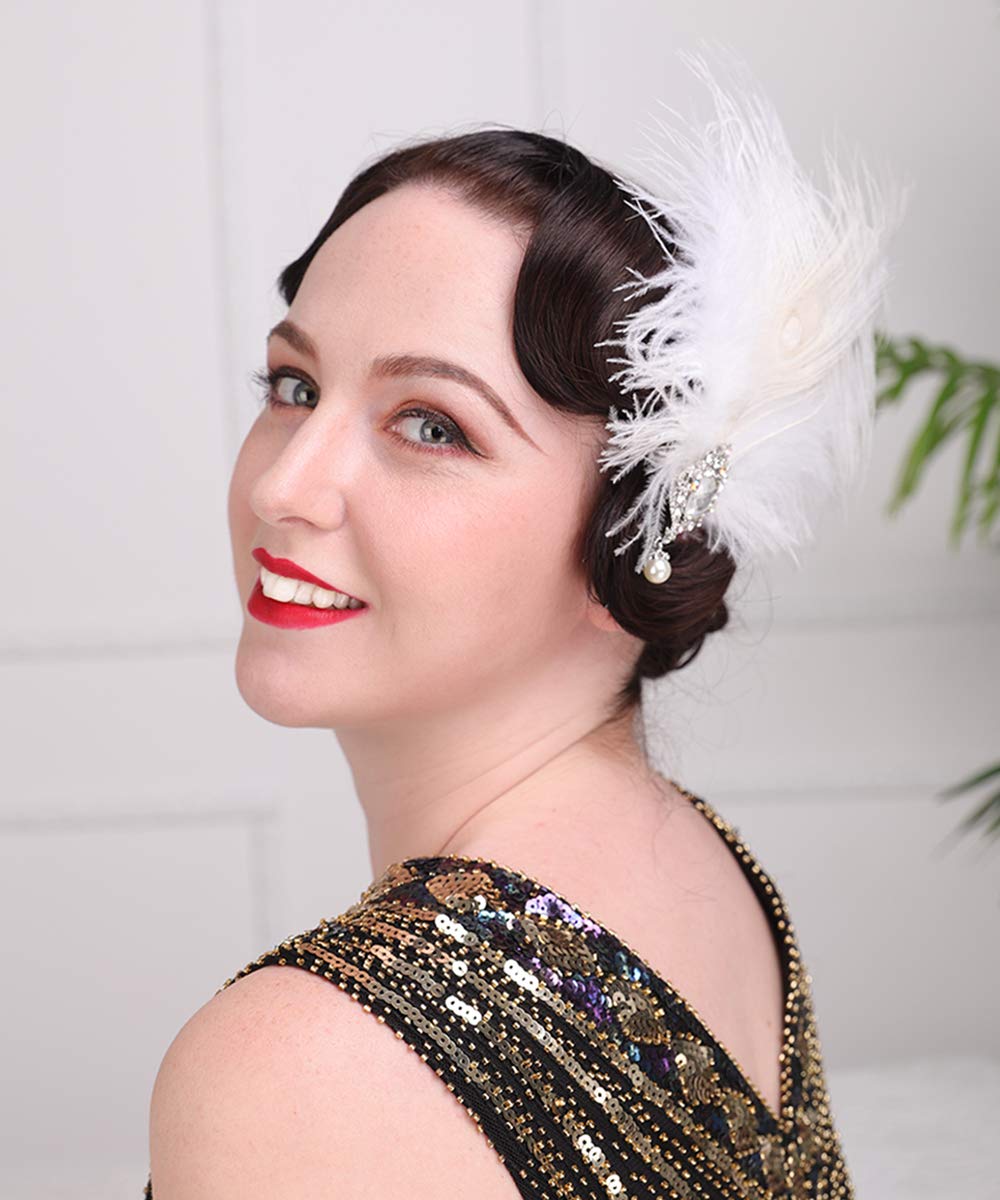 Aimimier 1920s Flapper White Feather Headpiece Crystal Pendant Hair Clip Roaring 20s Feather Accessories Masquerade Hair Jewelry for Women Beauty & Personal Care Aimimier