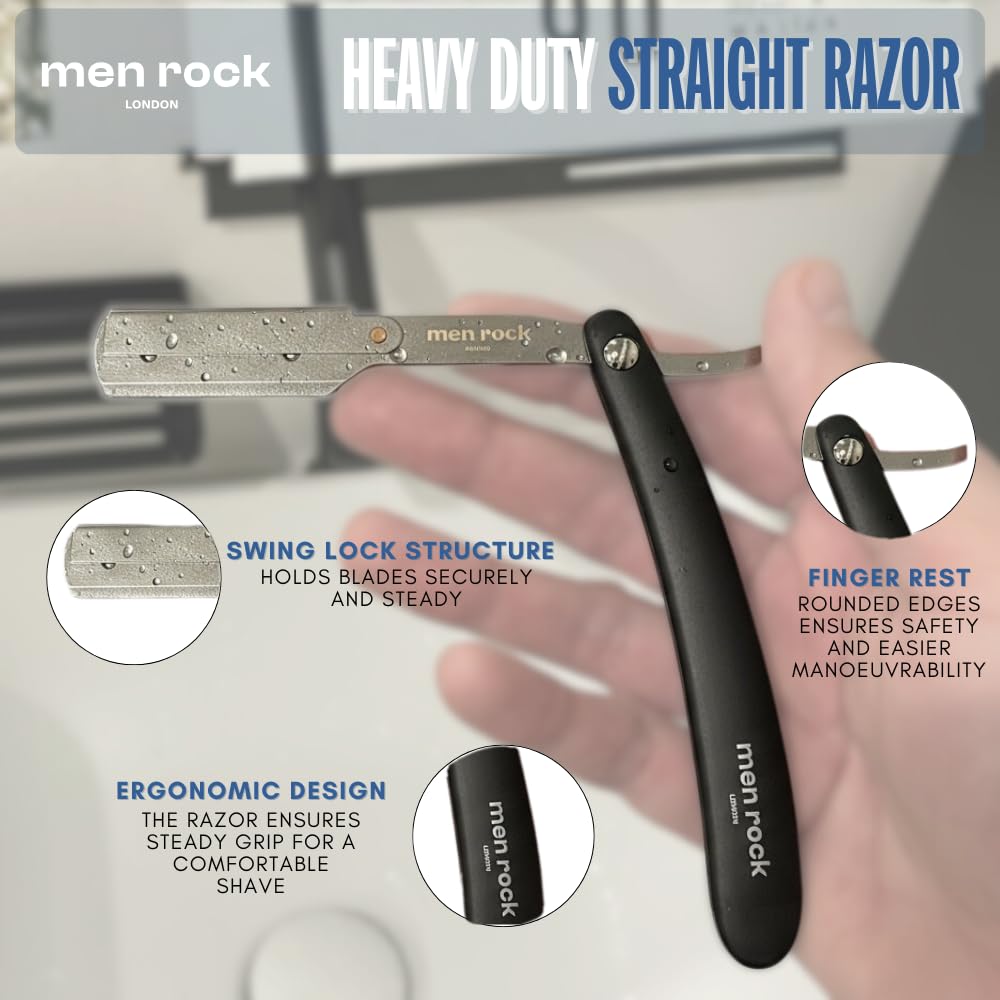 Men Rock The Cut Throat Razor - Stainless Steel Straight Razors for Men - With Replaceable Blades - Beard Shaping Tool - Beard Care for Men - 6 Pc Beauty and Personal Care Men Rock