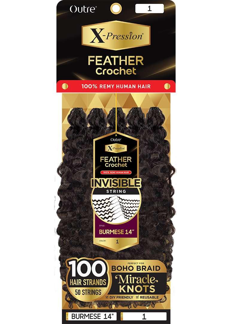 Outre X-Pression 100% Remy Human Feather Crochet Braid - Human Crochet Burmese 14" (JET BLACK 1)