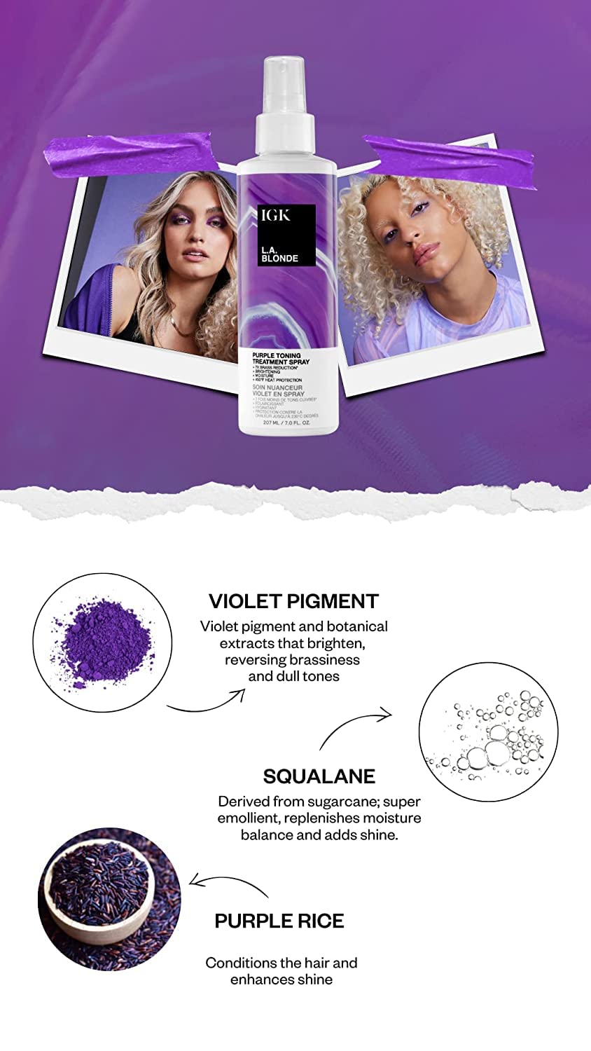 IGK LA BLONDE Purple Toning Treatment Spray | Brighten + Neutralize Brass + Heat Protectant | Vegan + Cruelty Free | 7 Oz Beauty & Personal Care IGK