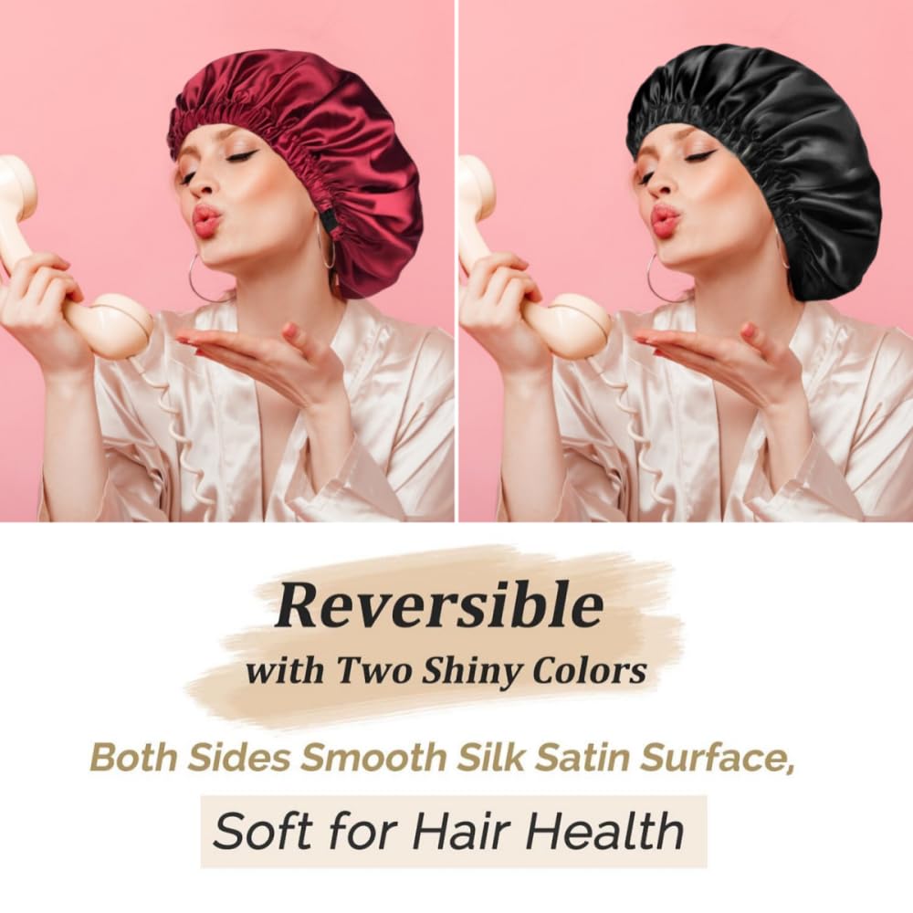 VECIIR Satin Bonnet Silk Bonnet for Sleeping Women and Men, Ajustable Hair Bonnet for Curly Hair with Double Layer Hair Bonnet,Wine red - Black,Medium Beauty and Personal Care VECIIR