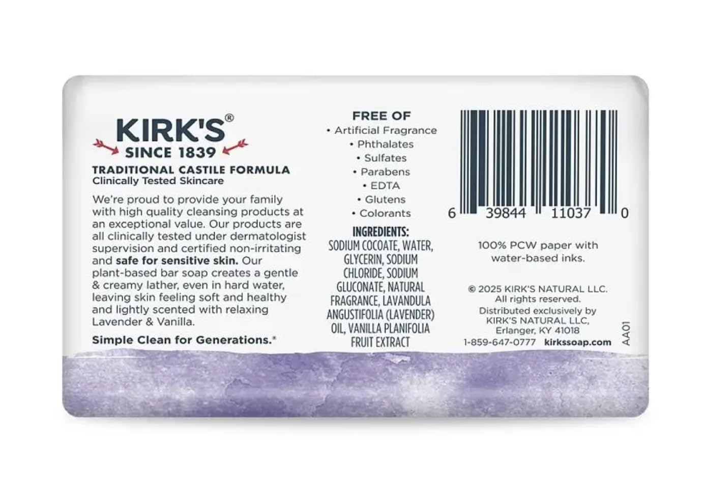Kirk's 100% Premium Coconut Oil Castile Bar Soap, Lavender & Vanilla, 4 oz (113 g) Beauty & Personal Care Kirk's