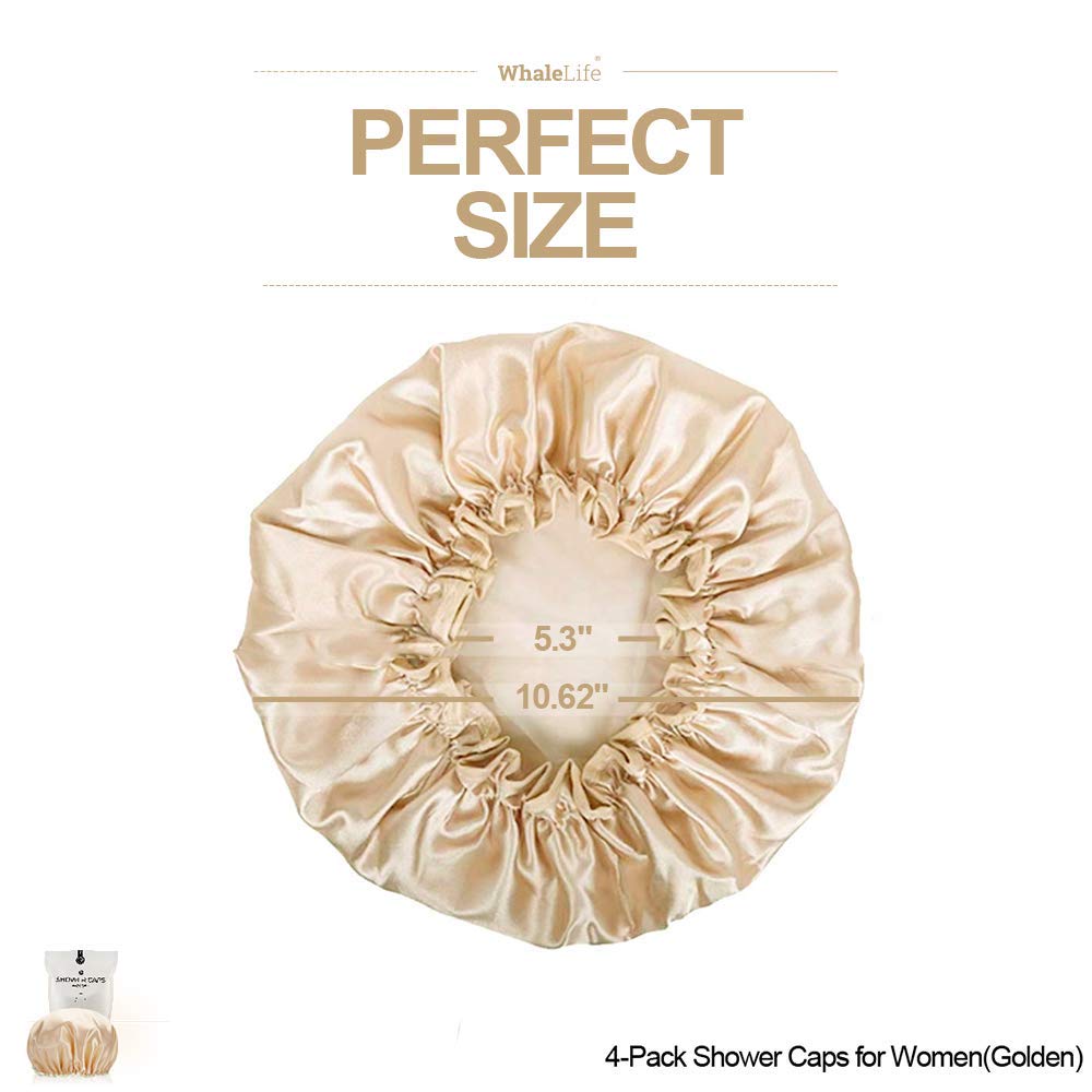 Shower Cap for Women Reusable Extra Large Shower Cap for Men (Golden 4 Pack Large) Satin Double Layer EVA Waterproof Long Hair Cap Beauty & Personal Care WhaleLife