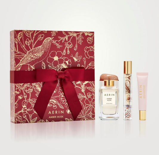 AERIN AMBER MUSK Gift Set Eau de Parfum 1.7 oz/50ml + 0.24 oz/7ml + Rose Lip Balm Full Size Beauty & Personal Care AERIN
