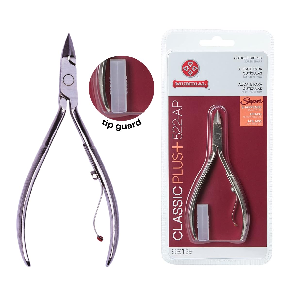 Cuticle Nipper Super Sharp - MUNDIAL 522-AP - Cuticle Trimmer for Manicure Kit and Pedicure Tools, Carbon Steel Handlee with Durable Spring. Tip Guard Beauty & Personal Care Mundial