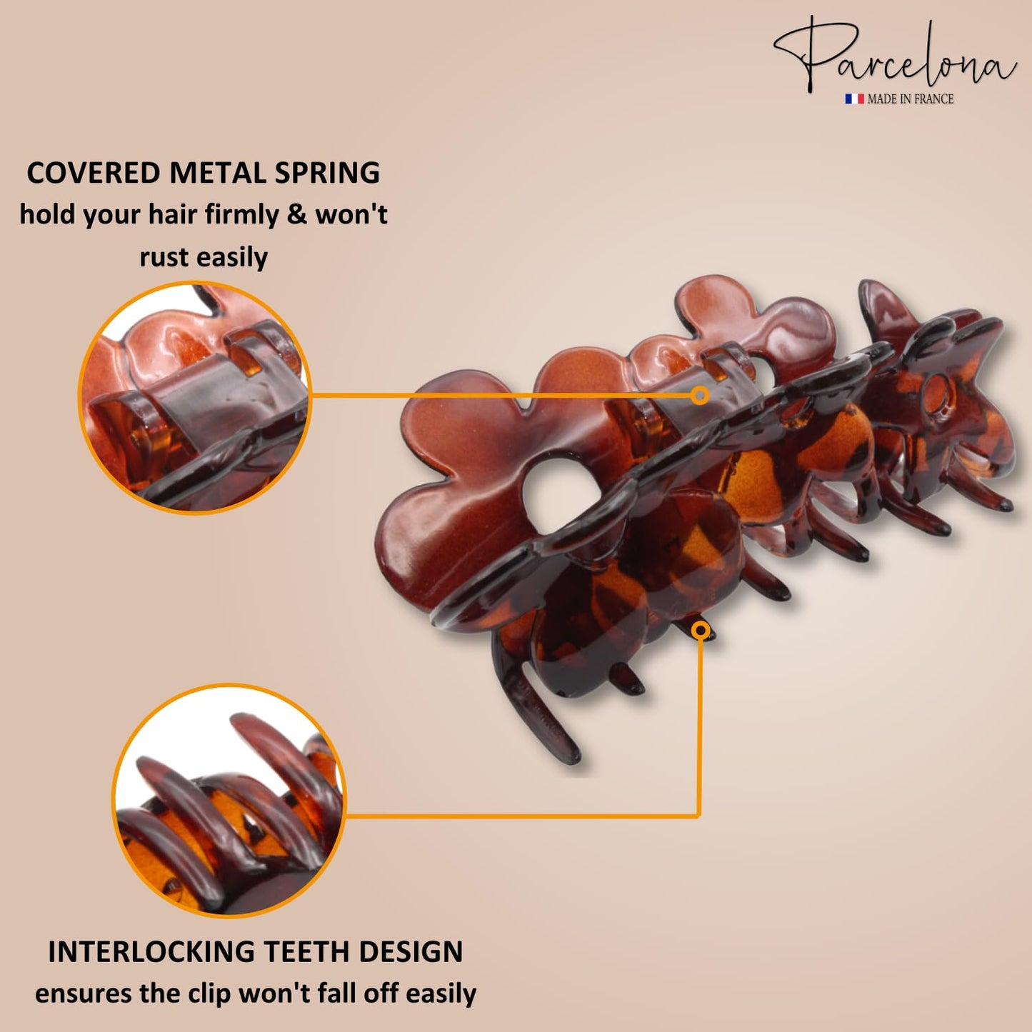 Parcelona French Flowers Medium Covered Spring Brown Tortoise Shell Celluloid Jaw Hair Claw Clips for Women, Made in France Beauty & Personal Care Parcelona