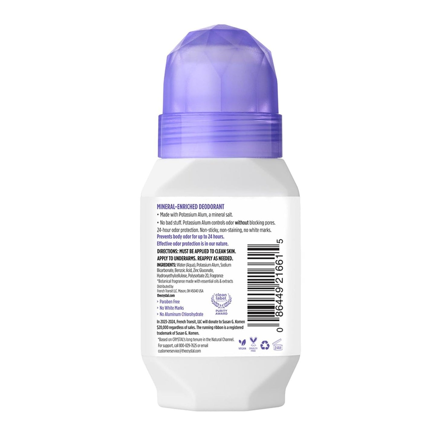 Crystal Mineral Deodorant Roll-On, Lavender & White Tea, Purple, 2.25 Fl Oz Beauty and Personal Care Crystal Essence