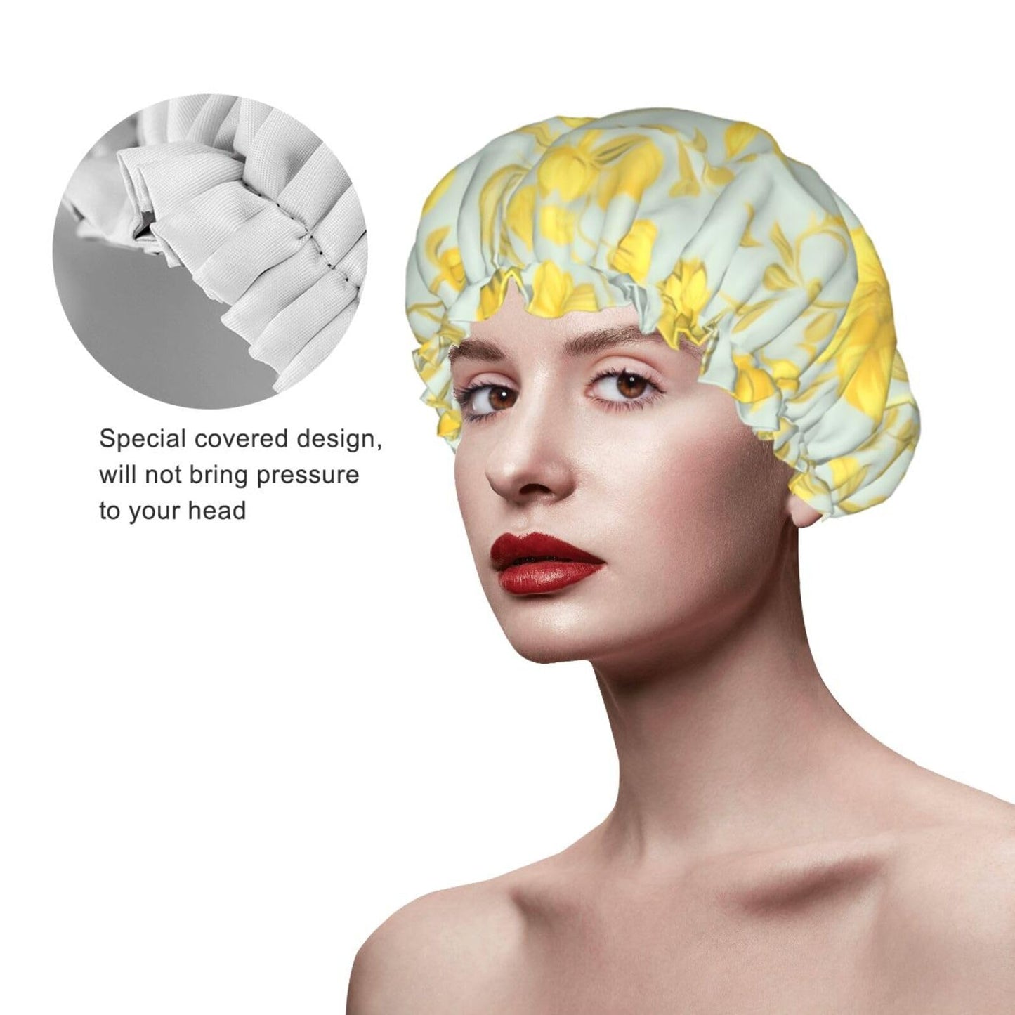 Yellow flower Shower Cap for Women Men Large Reusable Shower Bonnet Double-Layer Waterproof Bath Caps Elastic Band Hair Hat for All Hairstyles Beauty and Personal Care BWLHJKE