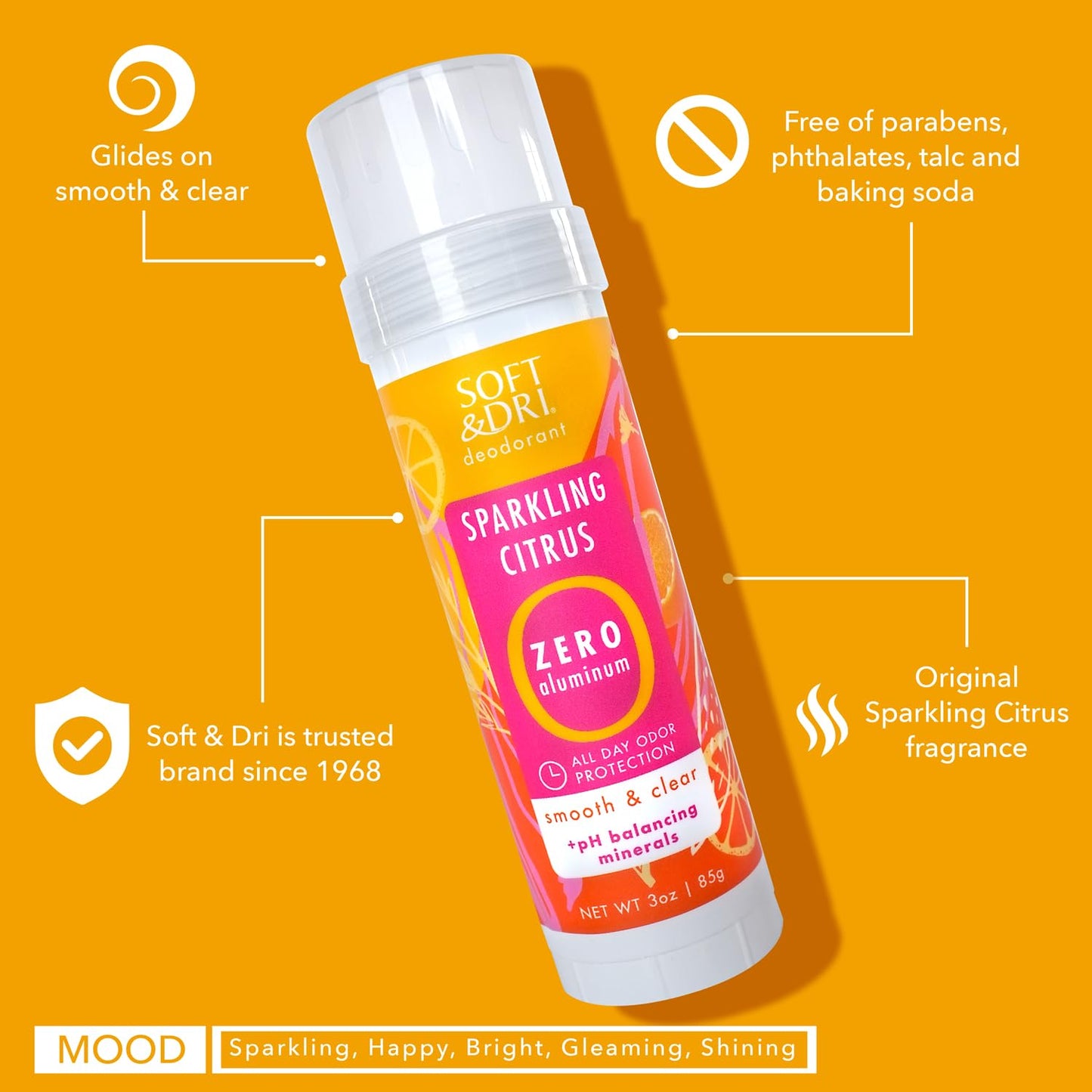 Soft & Dri Sparkling Citrus Aluminum Free Deodorant, 3 oz, Smooth and Clear Stick, pH Balancing Minerals, 3 pack Beauty and Personal Care Soft & Dri