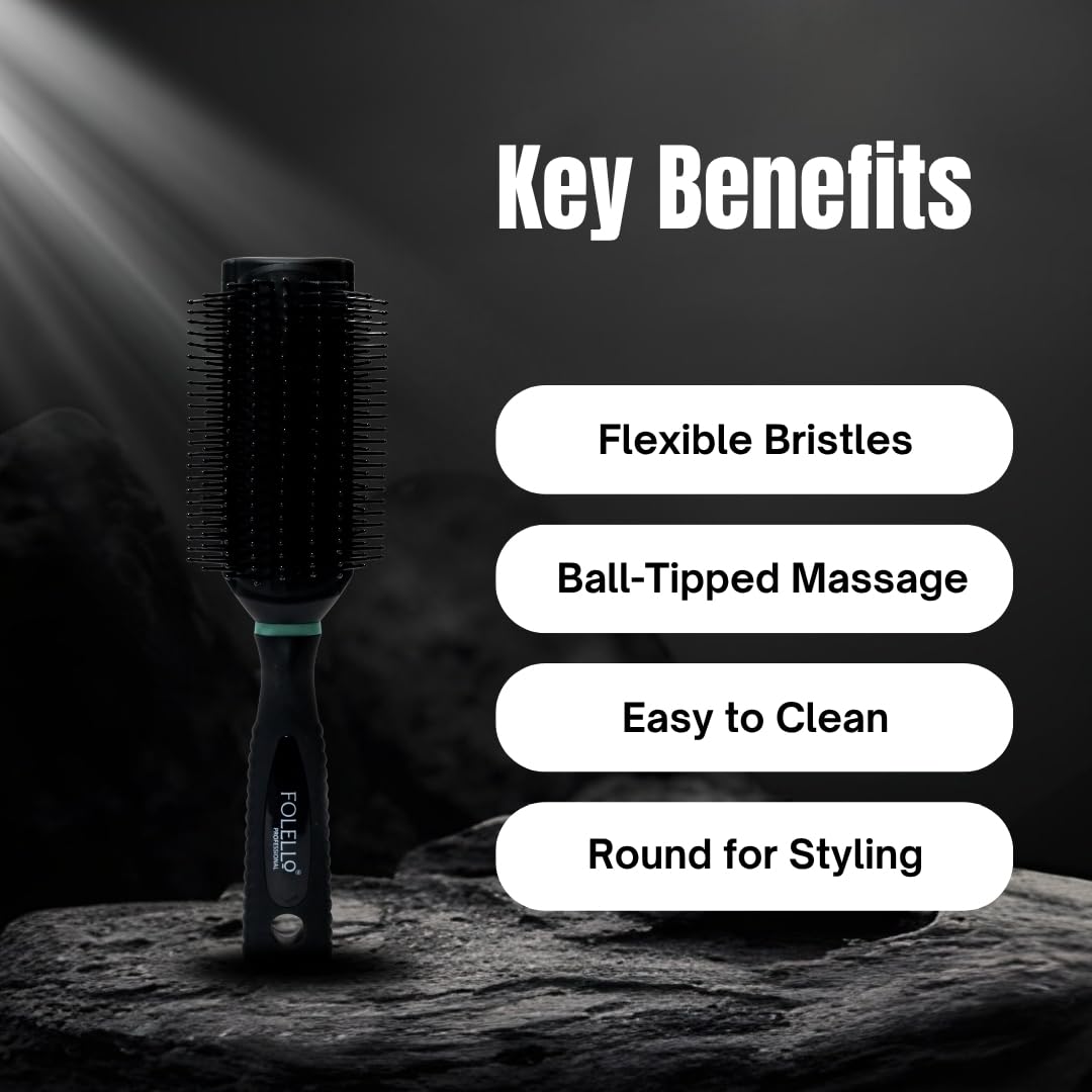 FOLELLO Round Hair Brush for Men and Women - Lightweight Styling Comb for Blow Drying, Curls, Waves, Volume - Suitable for Straight, Curly, Thick or