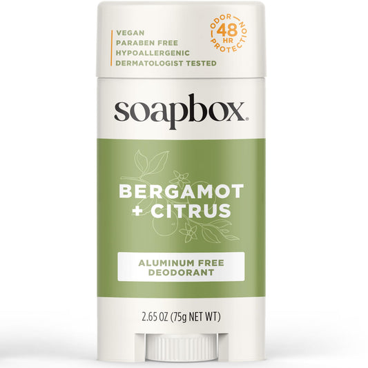 Soapbox Aluminum Free Deodorant, Bergamot & Citrus Scented Natural Deodorant - Non Toxic & Vegan for Daily Use - Clean Ingredients Free of Harsh Beauty and Personal Care Soapbox