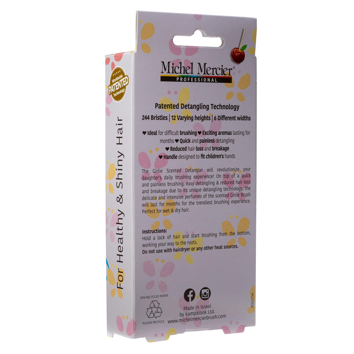 Michel Mercier The Girlie Scented Detangler Brush - Painless Kids Hair Brush for Shiny Hair - Thick and Curly Hair - Candy Apple - Purple-Pink - 1 pc