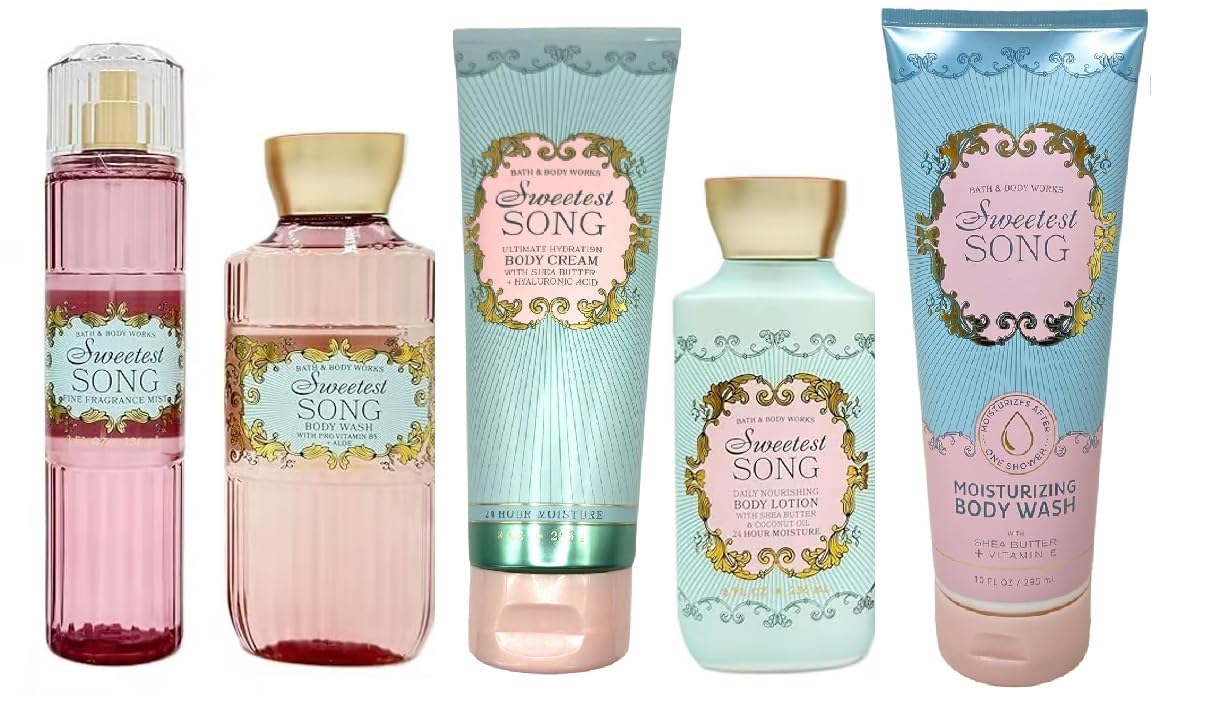Bath and Body Works Sweetest Song 5 Piece Body Care Set - Mist, Body Cream, Shower Gel, Body Lotion, and Moisture Body Wash - Full Size Beauty and Personal Care Bath & Body Works