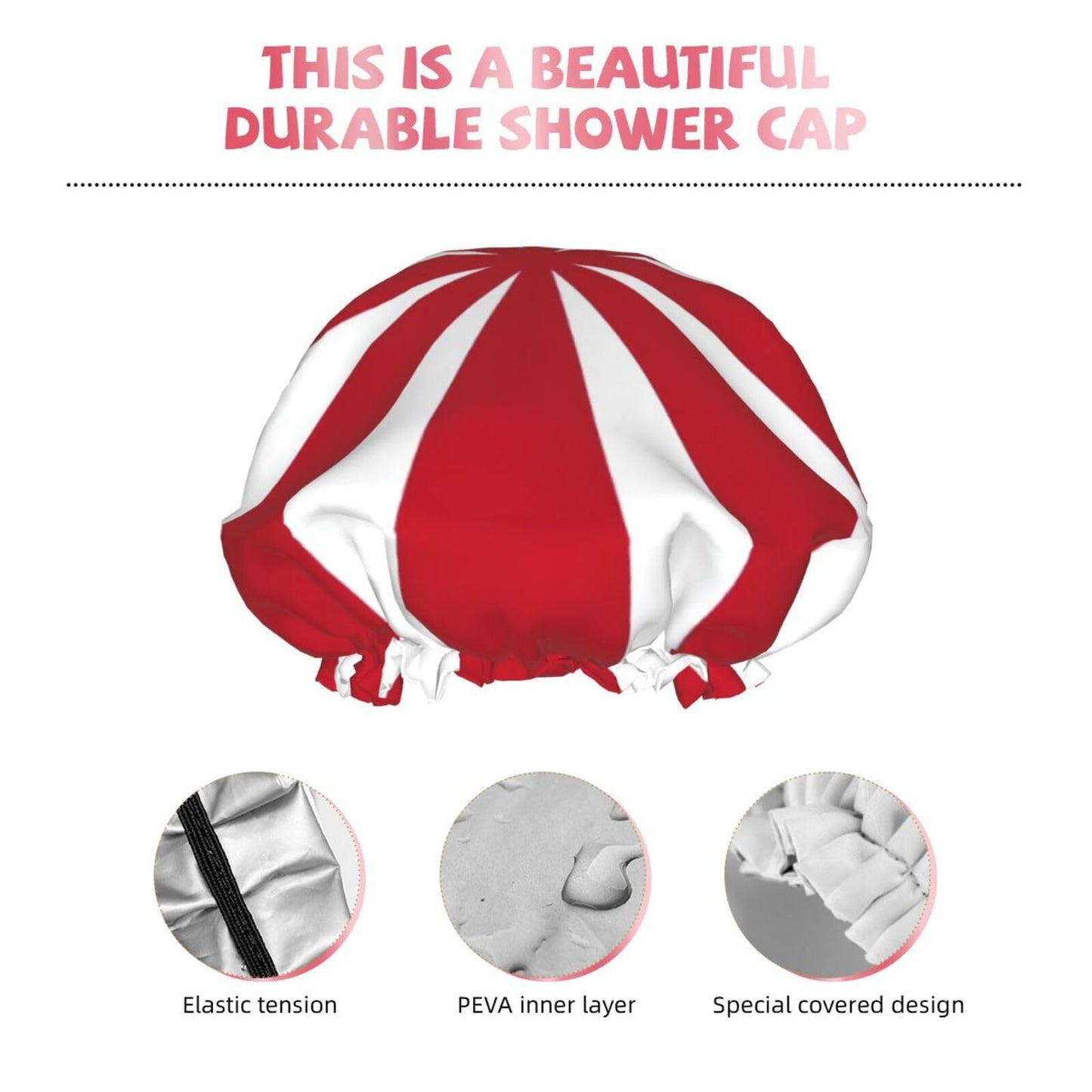 Red White Stripe Shower Cap For Women Adjustable Double Waterproof Layers Bathing Shower Hat Hair Protection Reusable Ladies Spa Salon Shower Hat Beauty and Personal Care Sjilai