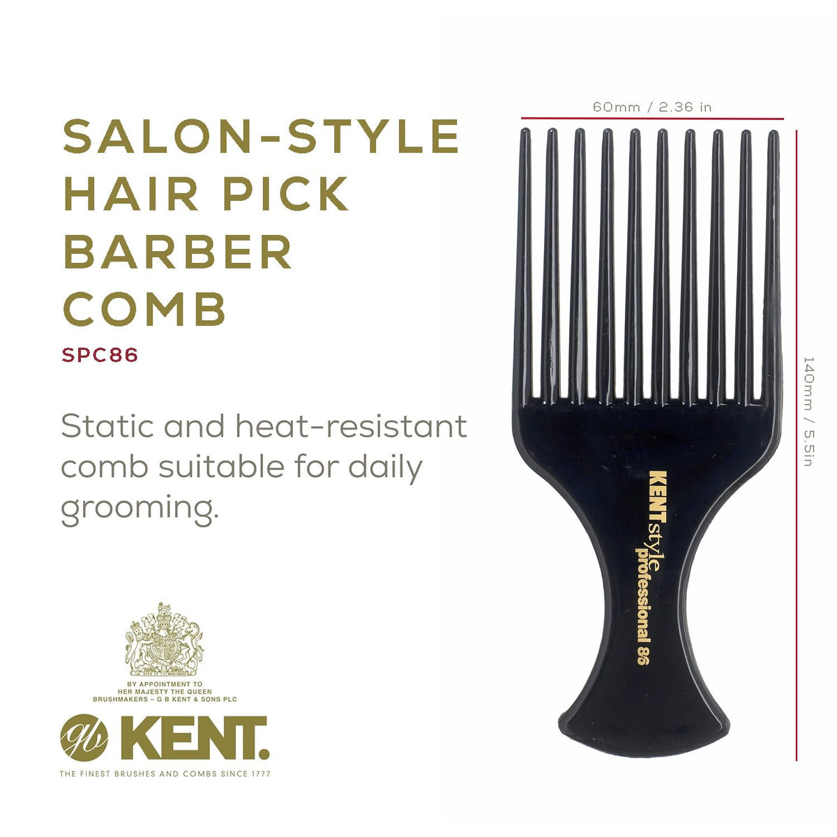 Kent SPC86 Black Salon-Style Professional Pick and Barber Comb - Afro Parting Comb for the Care of Curly and Thick Hair - Sleek style
