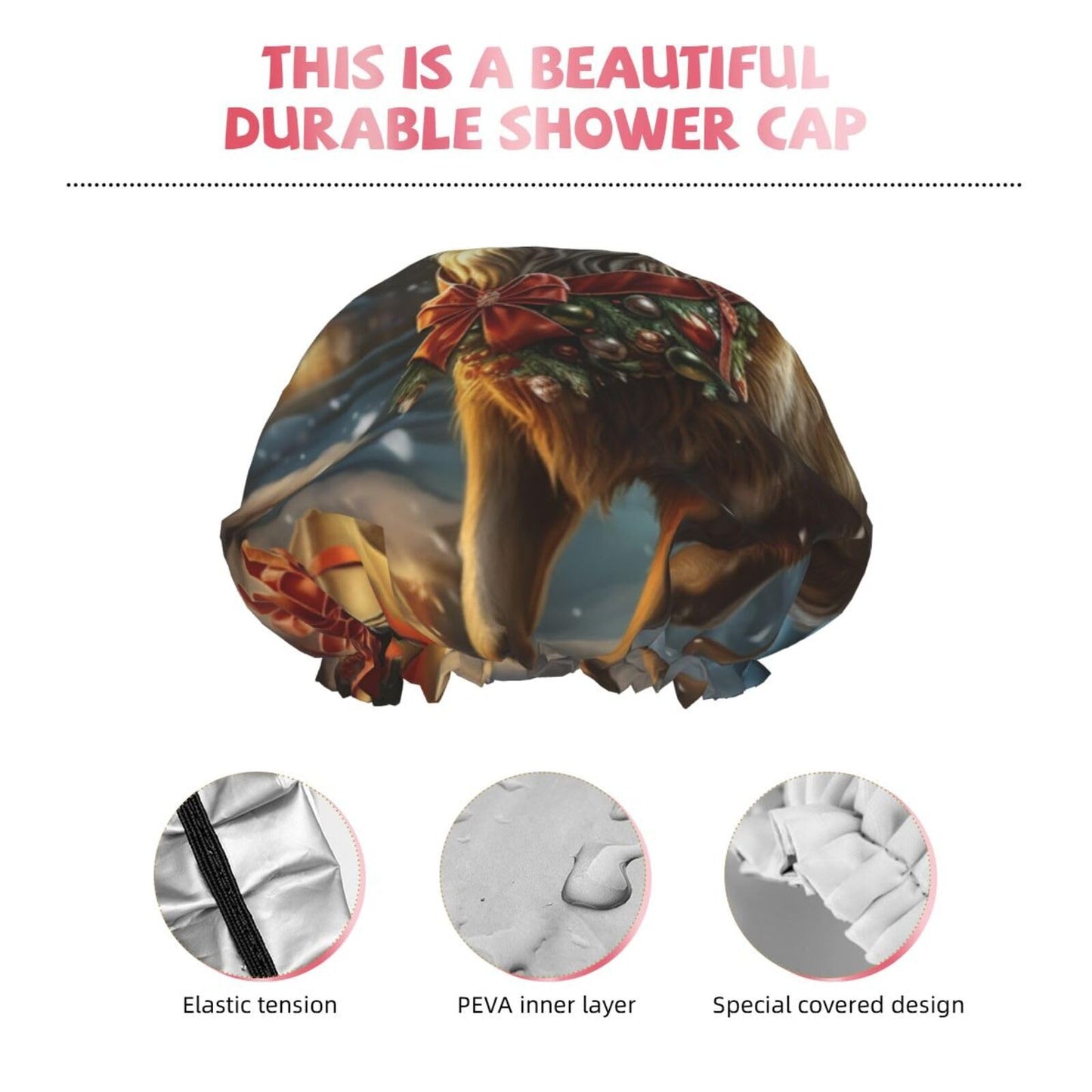 Christmas Gift Reindeer Shower Cap For Women Reusable Double Layers Bathing Bath Cap Hair Caps Waterproof Elastic Band Ladies Spa Salon Shower Hat Beauty and Personal Care GDSHJKLW