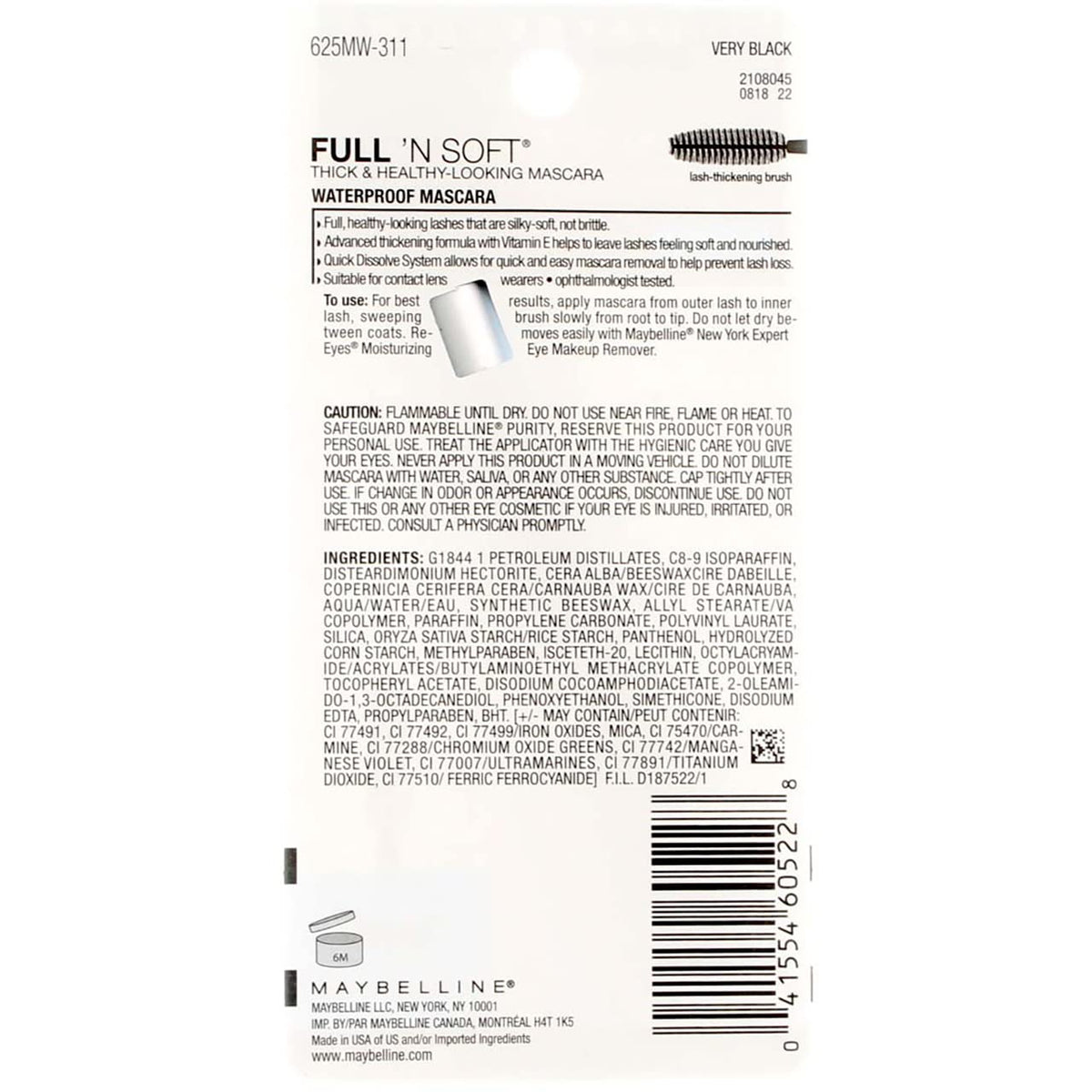 Maybelline Full 'N Soft Waterproof Mascara, Very Black [311], 0.28 oz (Pack of 6)