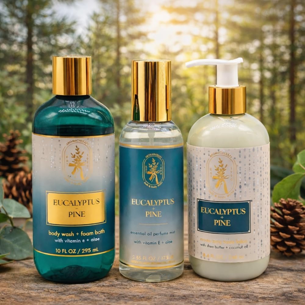 Bath & Body Works EUCALYPTUS PINE Essential Oil Mist, Body Wash & Foam Bath, and Moisturizing Body Lotion 3pc Gift Set with w/ 30-Inch Christmas Pine Beauty and Personal Care Bath & Body Works