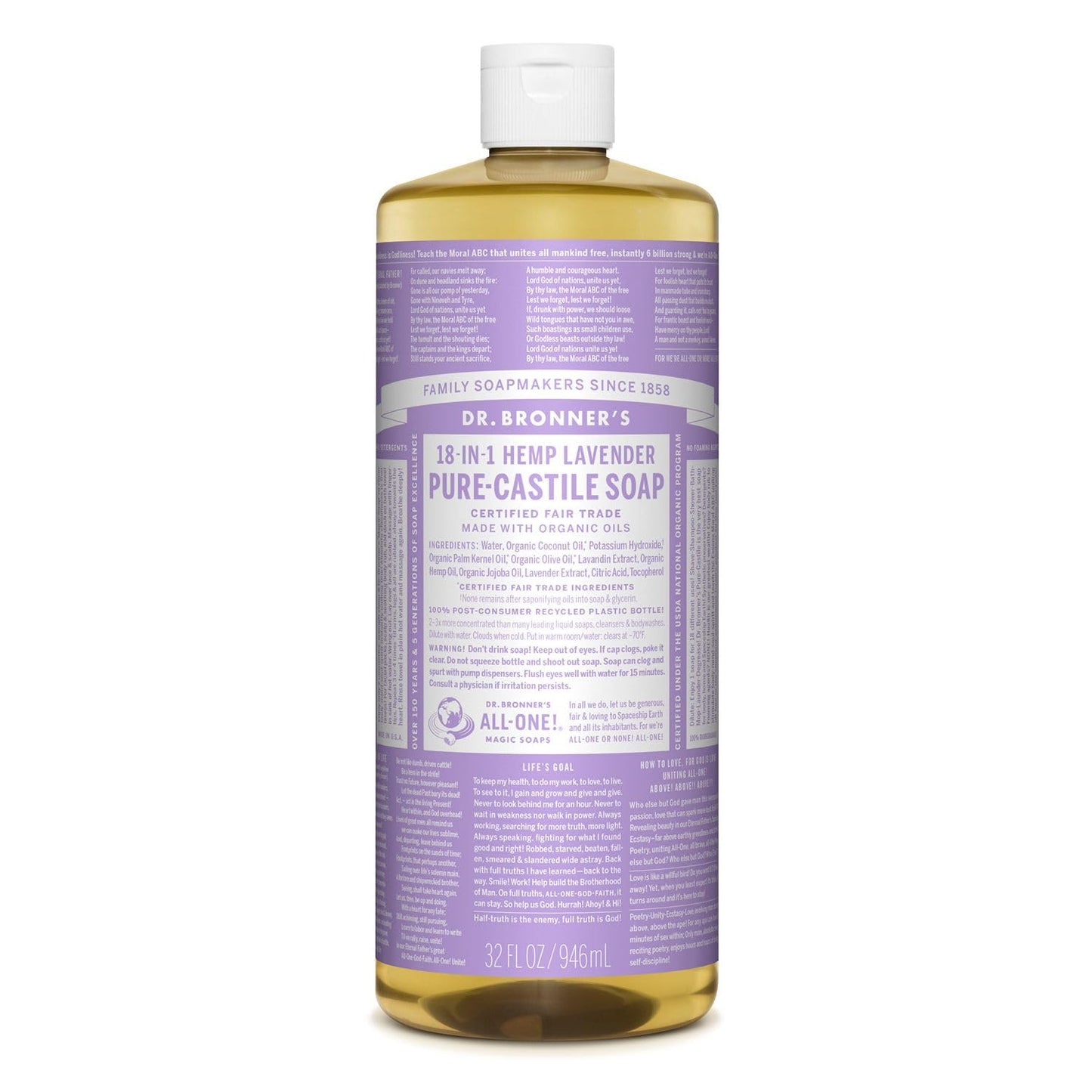 Dr. Bronner's - Pure-Castile Liquid Soap (Lavender, 32 Ounce) - Made with Organic Oils, 18-in-1 Uses: Face, Body, Hair, Laundry, Pets and Dishes Beauty & Personal Care Dr. Bronner's