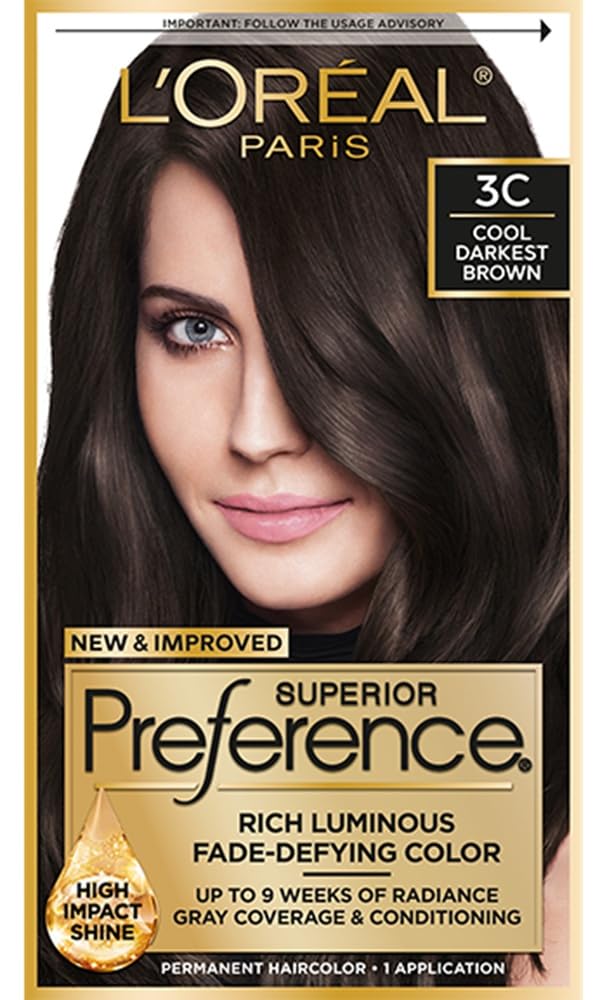 L'Oreal Paris Superior Preference Luminous Fade-Defying Permanent Hair Color, Hair Dye For Up to 9 Weeks of Radiance, Cool Darkest Brown 3C, 1 Hair Beauty & Personal Care L'Oreal Paris