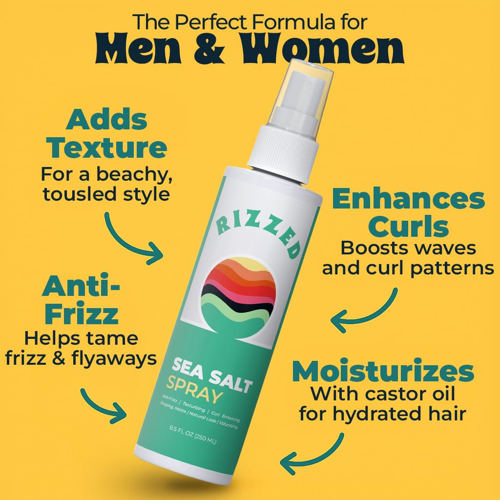 Rizzed™ Sea Salt Spray for Hair Men - Texturizing Spray with Castor Oil & Naturally Sourced Ocean Salts - Texture Sea Salt Sprays for Men - Surf Beauty & Personal Care Rizzed