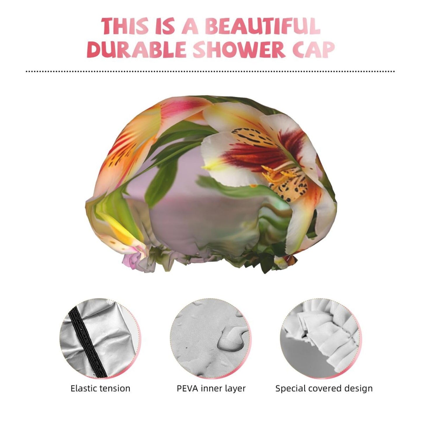 Alstroemeria Shower Cap For Women Reusable Double Layers Bathing Bath Cap Hair Caps Waterproof Elastic Band Ladies Spa Salon Shower Hat Hair Caps Beauty and Personal Care GDSHJKLW
