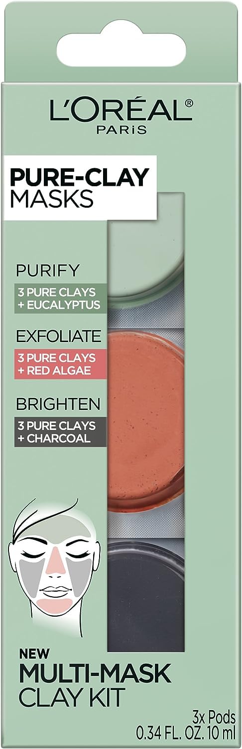 L'Oréal Paris Skincare Pure-Clay Face Mask Trial Size Set, Includes 3 Different Face Masks Made With Charcoal, Red Algae and Eucalyptus, Set Beauty & Personal Care L'Oreal Paris
