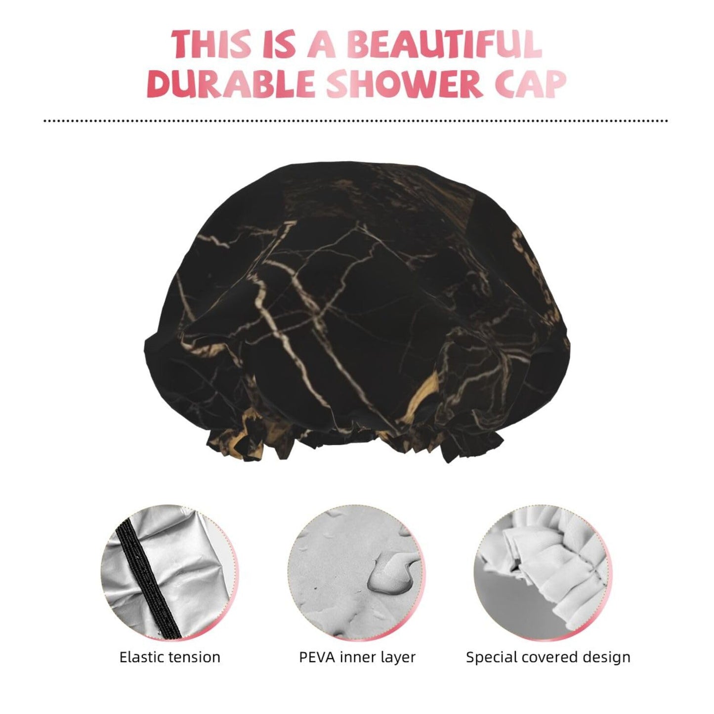 Gold Black Marble Shower Cap for Women Men Large Reusable Shower Bonnet Double-Layer Waterproof Bath Caps Elastic Band Hair Hat for All Hairstyles Beauty and Personal Care BWLHJKE
