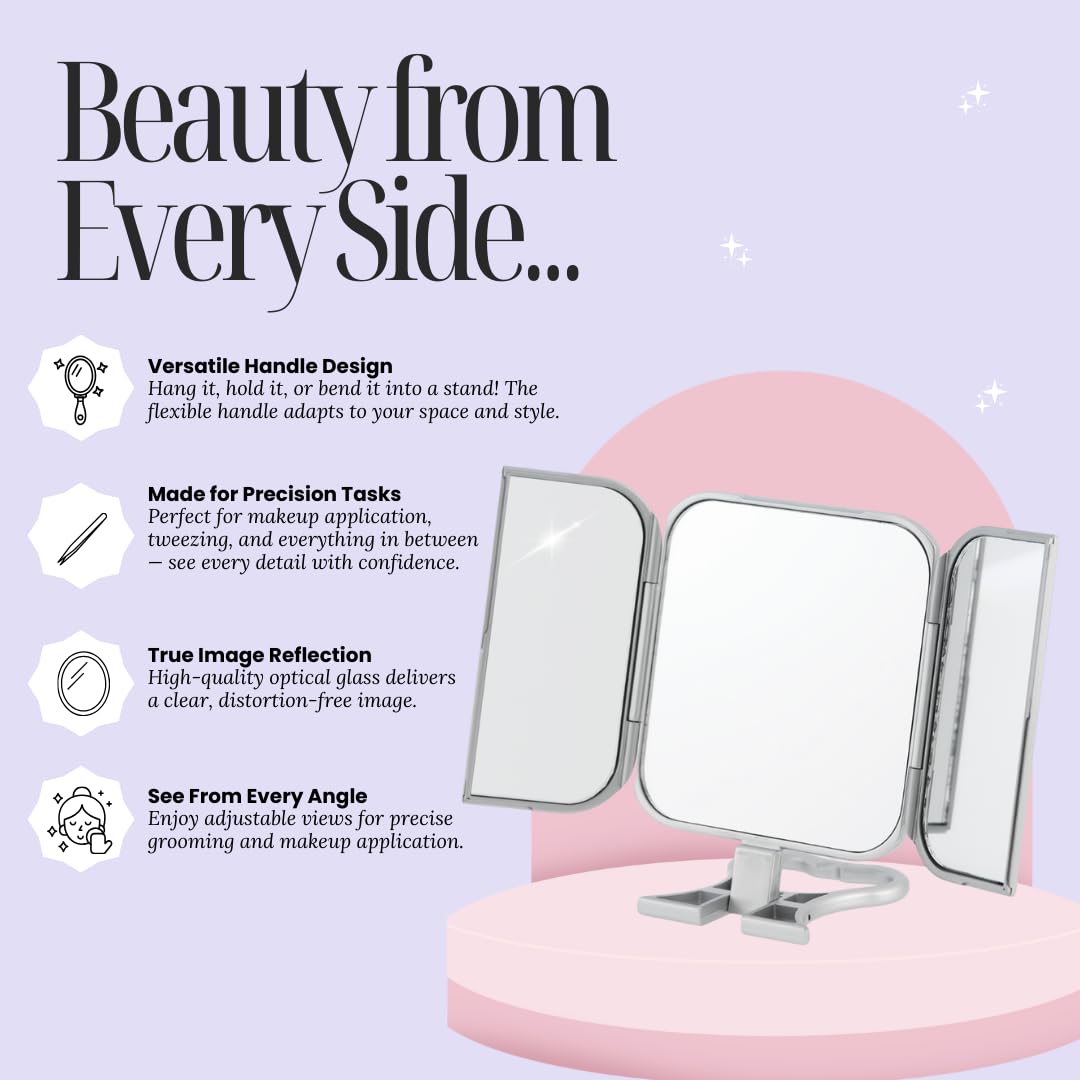 Danielle Creations 3-Way Foldable Travel Makeup Mirror with Built in Stand and Handle, Silver Beauty & Personal Care DC DANIELLE