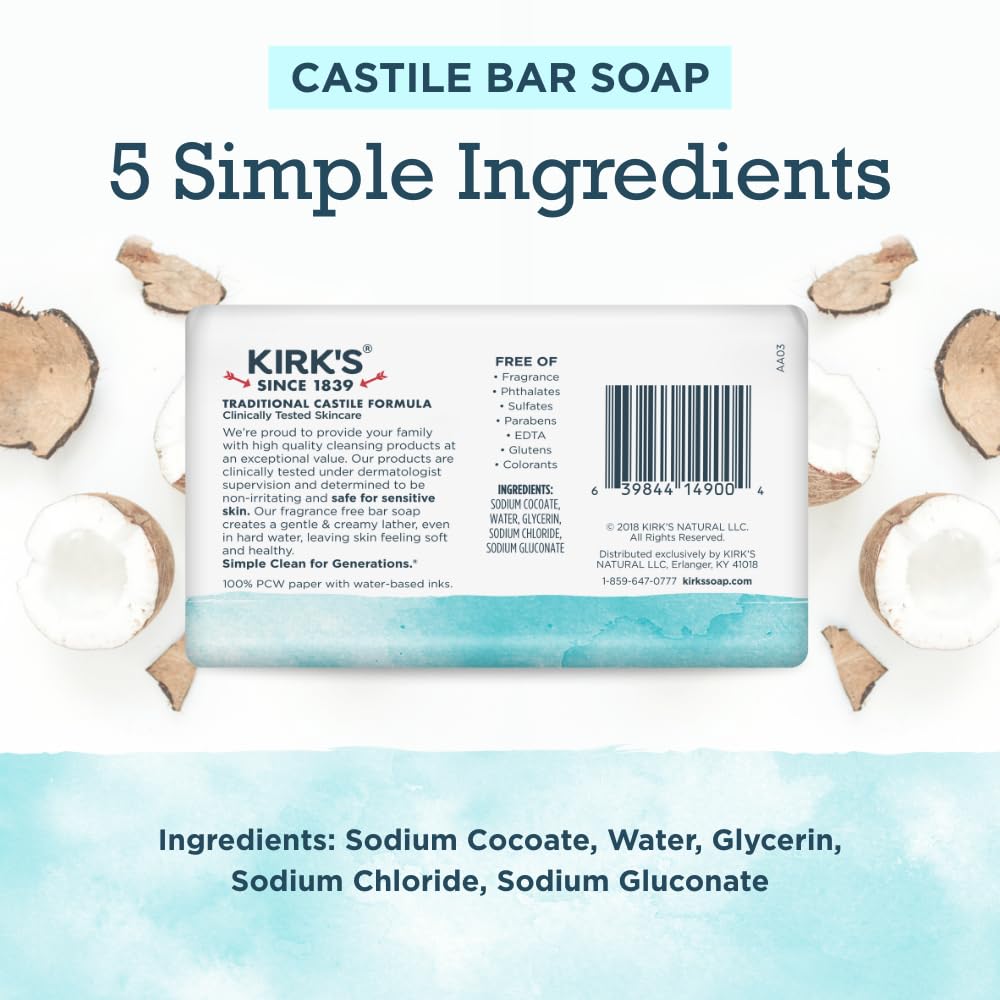 Kirk's Castile Bar Soap for Men, Women & Children - Made with Premium Coconut Oil, Sensitive Skin Formula, Vegan, Non GMO, Fragrance Free, 4 oz. Bars Beauty & Personal Care Kirk's