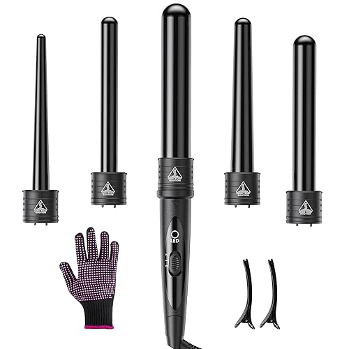 5 In 1 Curling Wand Set, Curling Iron Interchangeable Ceramic Barrels (0.35-1.25 Inch), Heating Hair Curler Kit with Protective Glove & 2 Clips Beauty & Personal Care Amgcive
