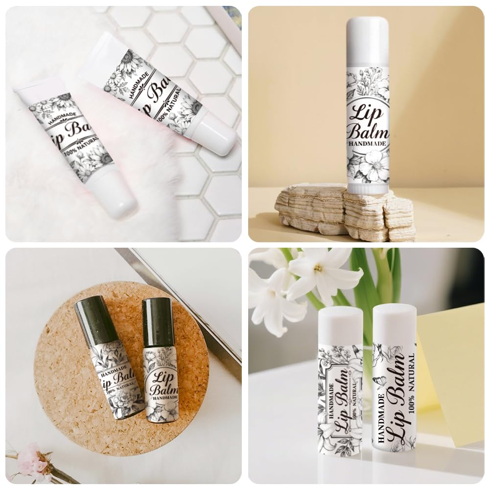 Peacoblue 160Pcs Lip Balm Labels Sticker for Tubes 2.1"x1.7" Black and White Flowers, 8 Styles Waterproof Chapstick Labels Glossy for Homemade Lip Beauty and Personal Care peacoblue